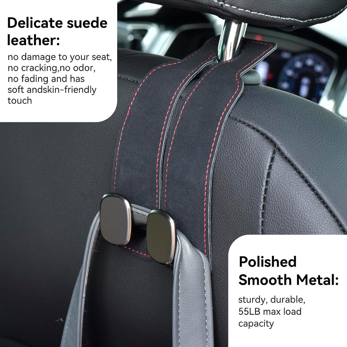 SLLAK Car Hooks for Headrest, 2 in 1 Car Seat Back Storage Hook, Premium Leather Car Headrest Hook