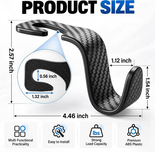 SINGARO Universal 4 Pack Car Seat Headrest Purse Hook, Carbon Fiber Back Seat Hook Storage Organizer Hanger for Purse Handbag Coat, Car Interior Accessories(Black)