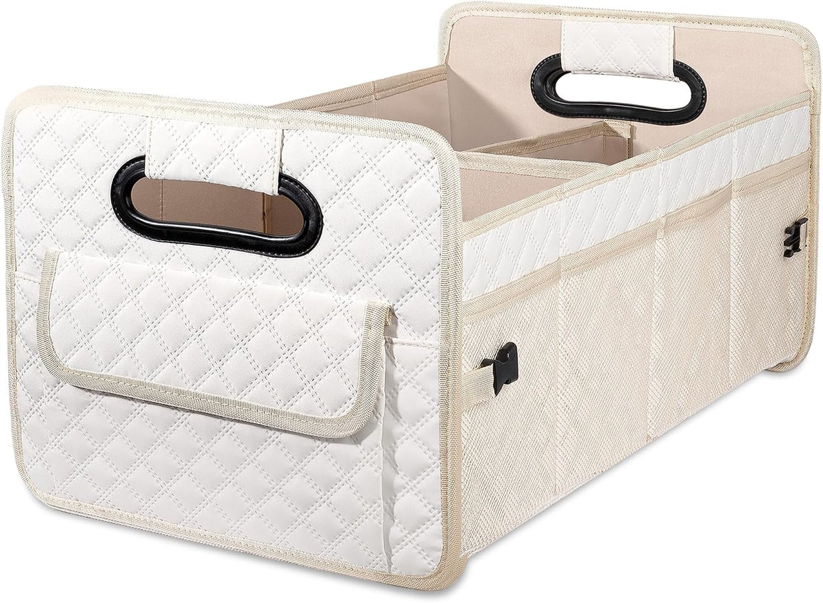 JiatuA Car Trunk Organizer for SUV, Car Storage Organizer Collapsible Multi Compartment Container Box Adjustable Car Accessories for Women Men, Beige