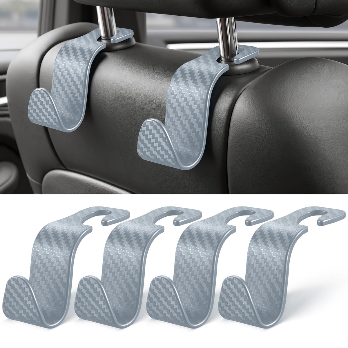 SINGARO Universal 4 Pack Car Seat Headrest Purse Hook, Carbon Fiber Back Seat Hook Storage Organizer Hanger for Purse Handbag Coat, Car Interior Accessories(Black)