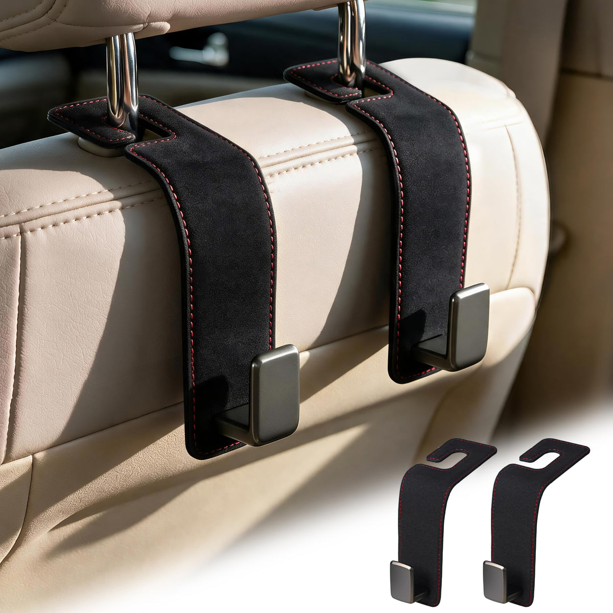 Amooca Suede Car Seat Hook 2 Pack Metal Headrest Hanger for Handbag
