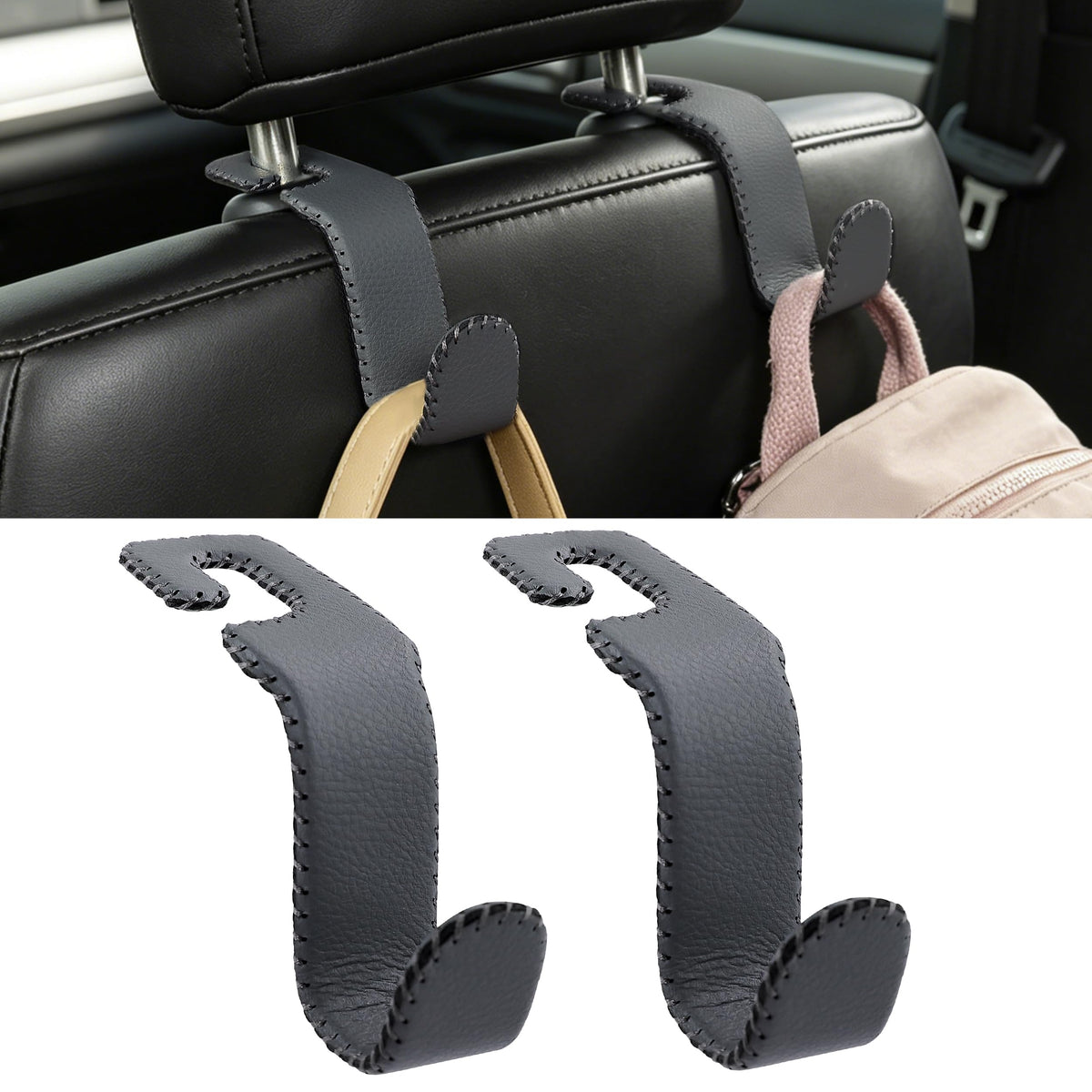 Car Seat Headrest Hook Heavy Duty 55lb Metal Hanger with Leather for Bags