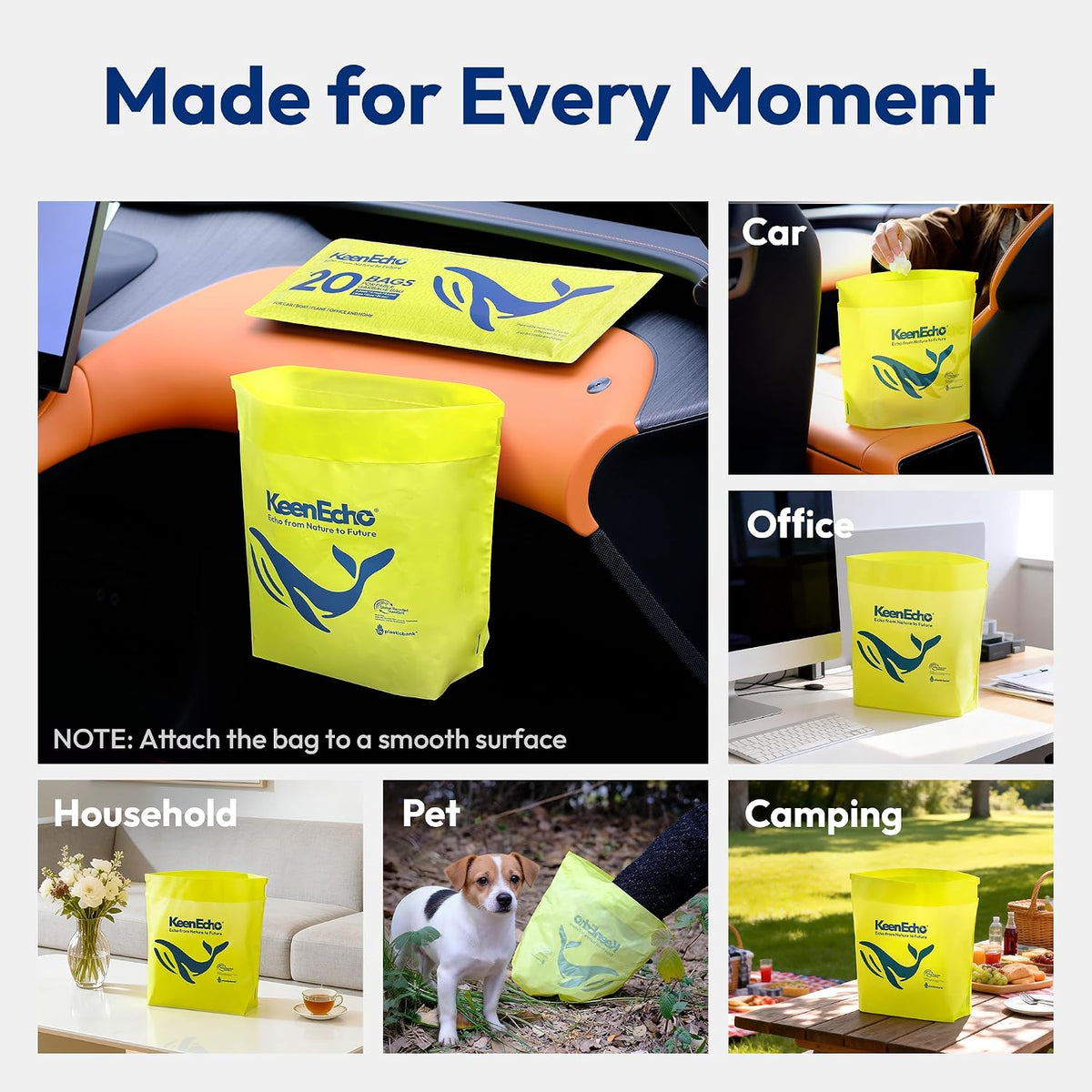 Disposable Car Garbage Bin Bags, 60 pcs, Yellow, Vomit Trash Bags Made with Recycled Ocean Fishing Nets for Boat, Plane, Travel, Camping, Bedroom, Study Room, Office and Car
