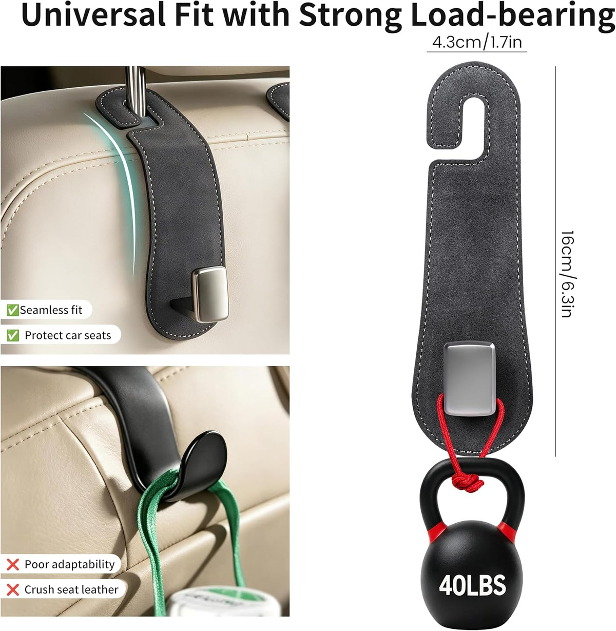 Amooca 2 Pack Car Headrest Hooks, Suede Wrapped Metal Hanger for Bags