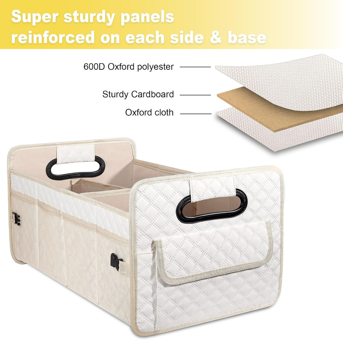 JiatuA Car Trunk Organizer for SUV, Car Storage Organizer Collapsible Multi Compartment Container Box Adjustable Car Accessories for Women Men, Beige