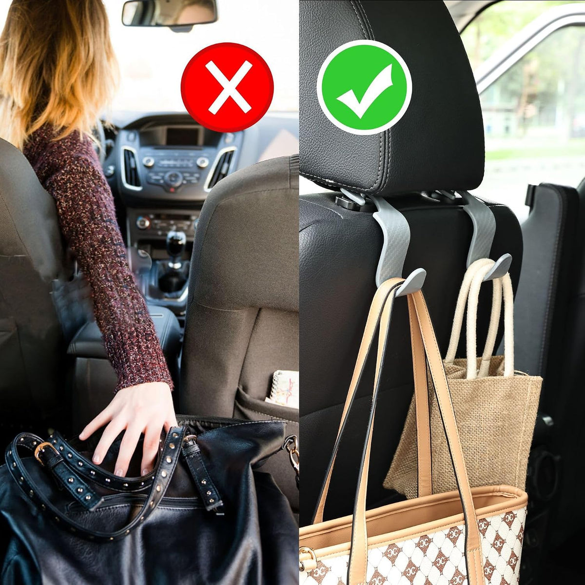Car Seat Headrest Hooks Vehicle Storage Organizer for Purses Handbags Groceries Coats – Holds 55 lbs 360° Rotating Checkered Pattern Design 4 Pack (Gray Checkered)