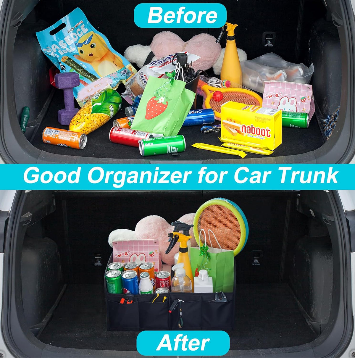 titiyiof Trunk Organizer For Suv & Sedan,Car Organizers and Storage, Waterproof Collapsible & Adjustable Straps,35L Sturdy Car Organization for Car Accessories, Tools,Sundries,2 Compartment(Black)