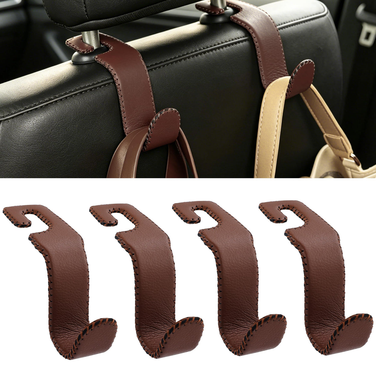 Car Seat Headrest Hook Heavy Duty 55lb Metal Hanger with Leather for Bags