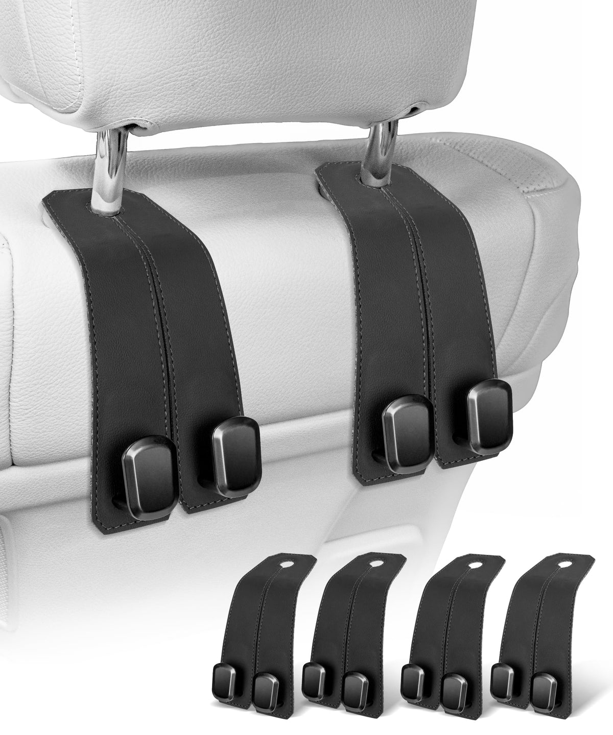 Car Purse Holder Hook, 2PCS Car Hooks for Headrest Luxurious Leather 100% Metal Car Hangers for Seat Multifunctional Car Bag Hook Car Seat Back Storage Hook Accessories (Grey)