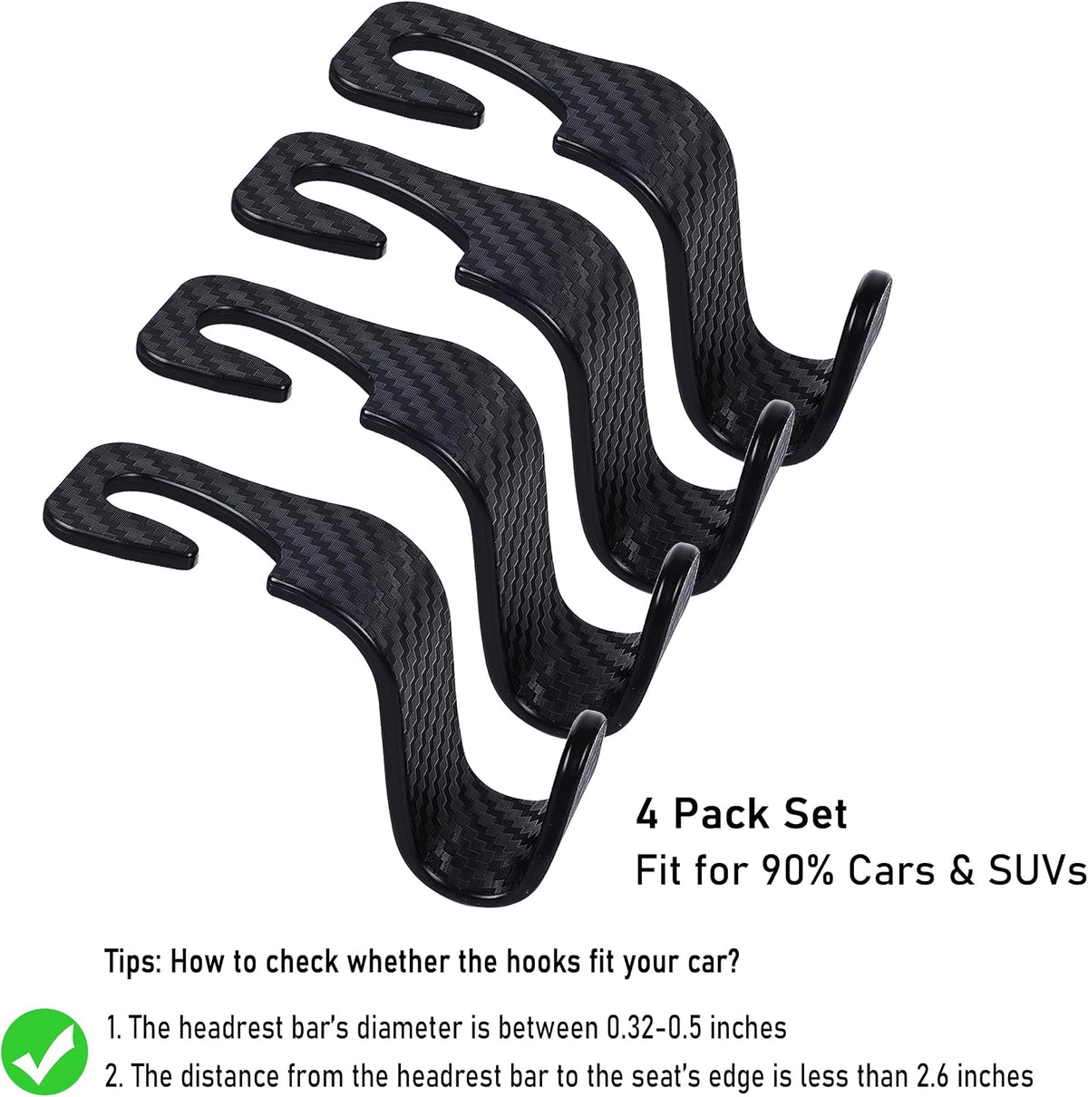 Car Seat Hooks 4 Pack - 55lb Heavy Duty Headrest Hanger, Black