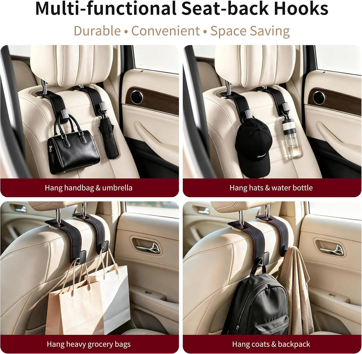 Amooca Suede Car Seat Hook 2 Pack Metal Headrest Hanger for Handbag