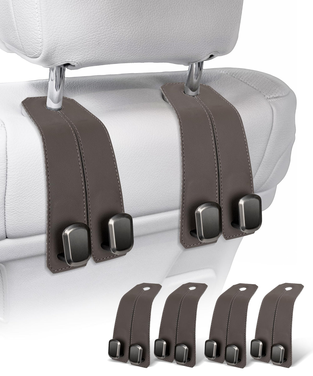 Car Purse Holder Hook, 2PCS Car Hooks for Headrest Luxurious Leather 100% Metal Car Hangers for Seat Multifunctional Car Bag Hook Car Seat Back Storage Hook Accessories (Grey)