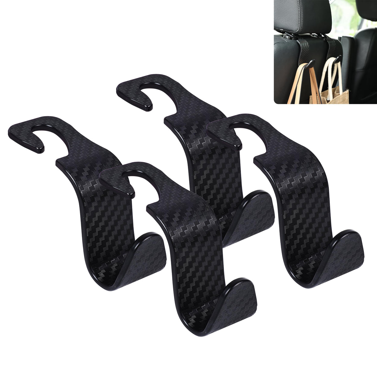 Car Seat Hooks 4 Pack - 55lb Heavy Duty Headrest Hanger, Black