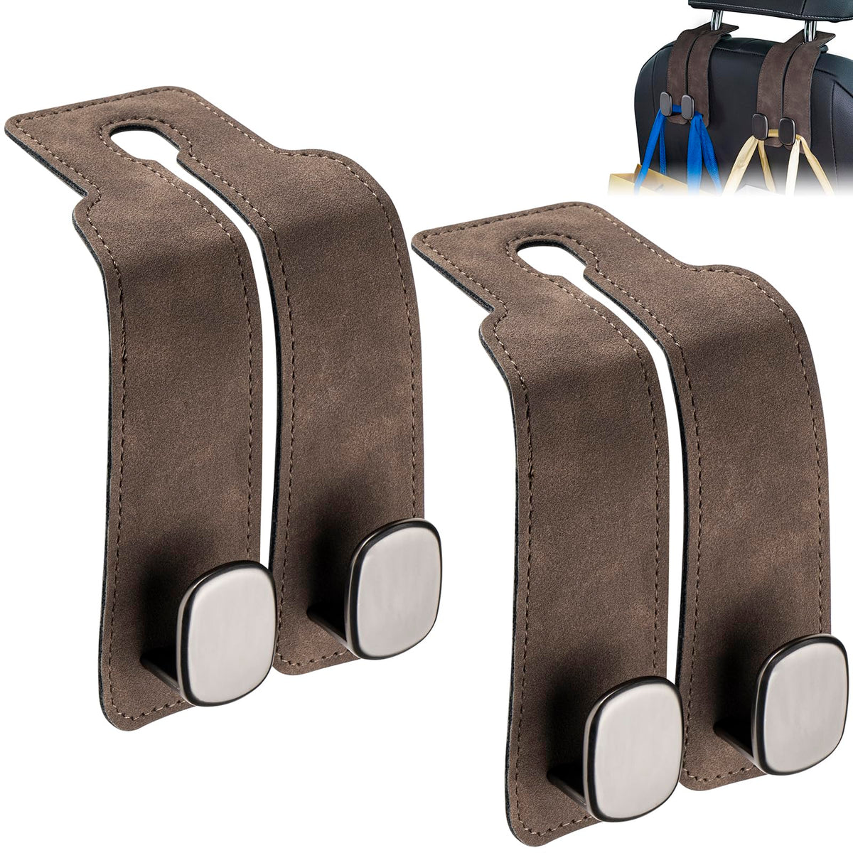 SLLAK Car Hooks for Headrest, 2 in 1 Car Seat Back Storage Hook, Premium Leather Car Headrest Hook