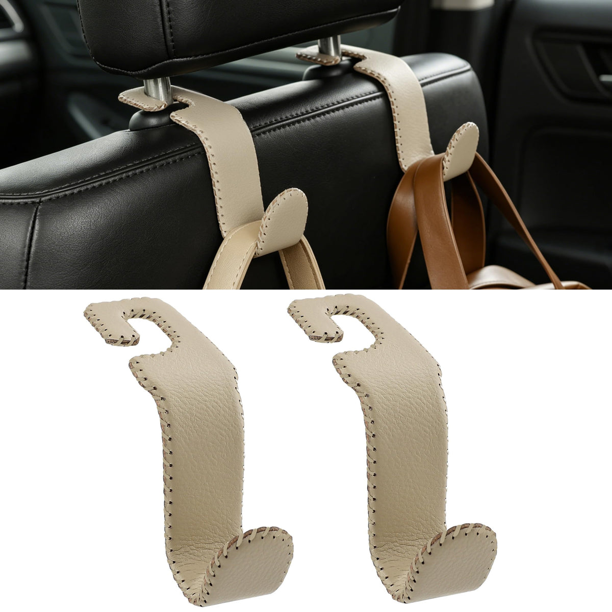 Car Seat Headrest Hook Heavy Duty 55lb Metal Hanger with Leather for Bags