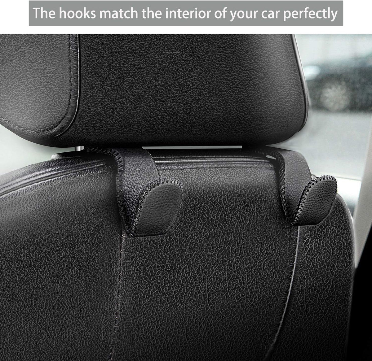 AMVOYOA Headrest Hooks for Car, Back Seat Organizer Black Leather Hanger Holder Hook, for Hanging Purses and Bags and Coats, Pack of 2