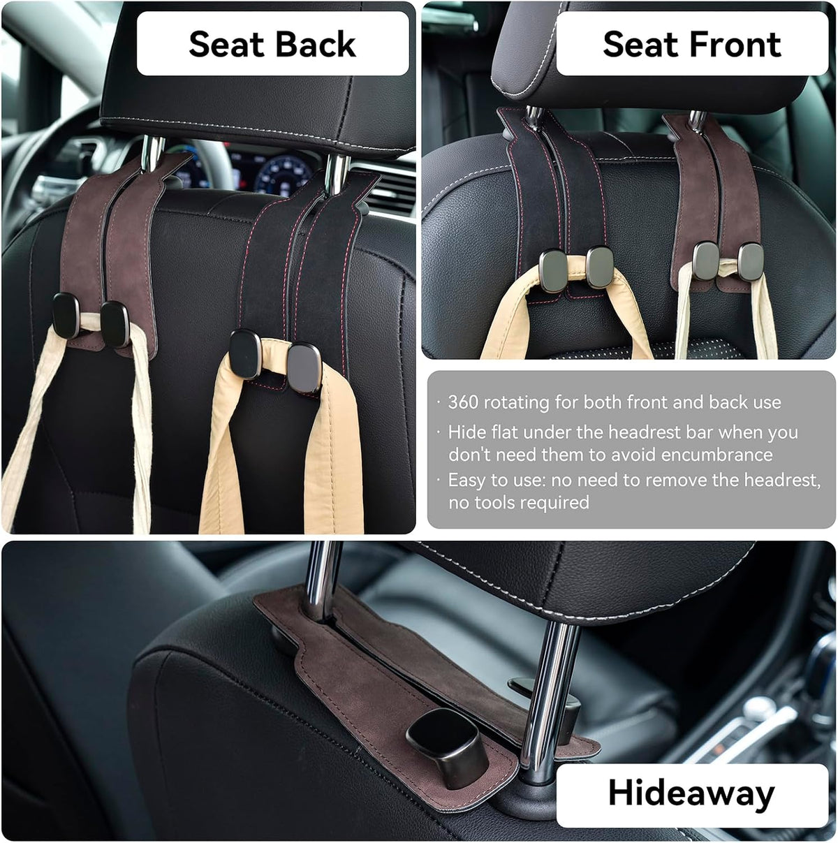 SLLAK Car Hooks for Headrest, 2 in 1 Car Seat Back Storage Hook, Premium Leather Car Headrest Hook