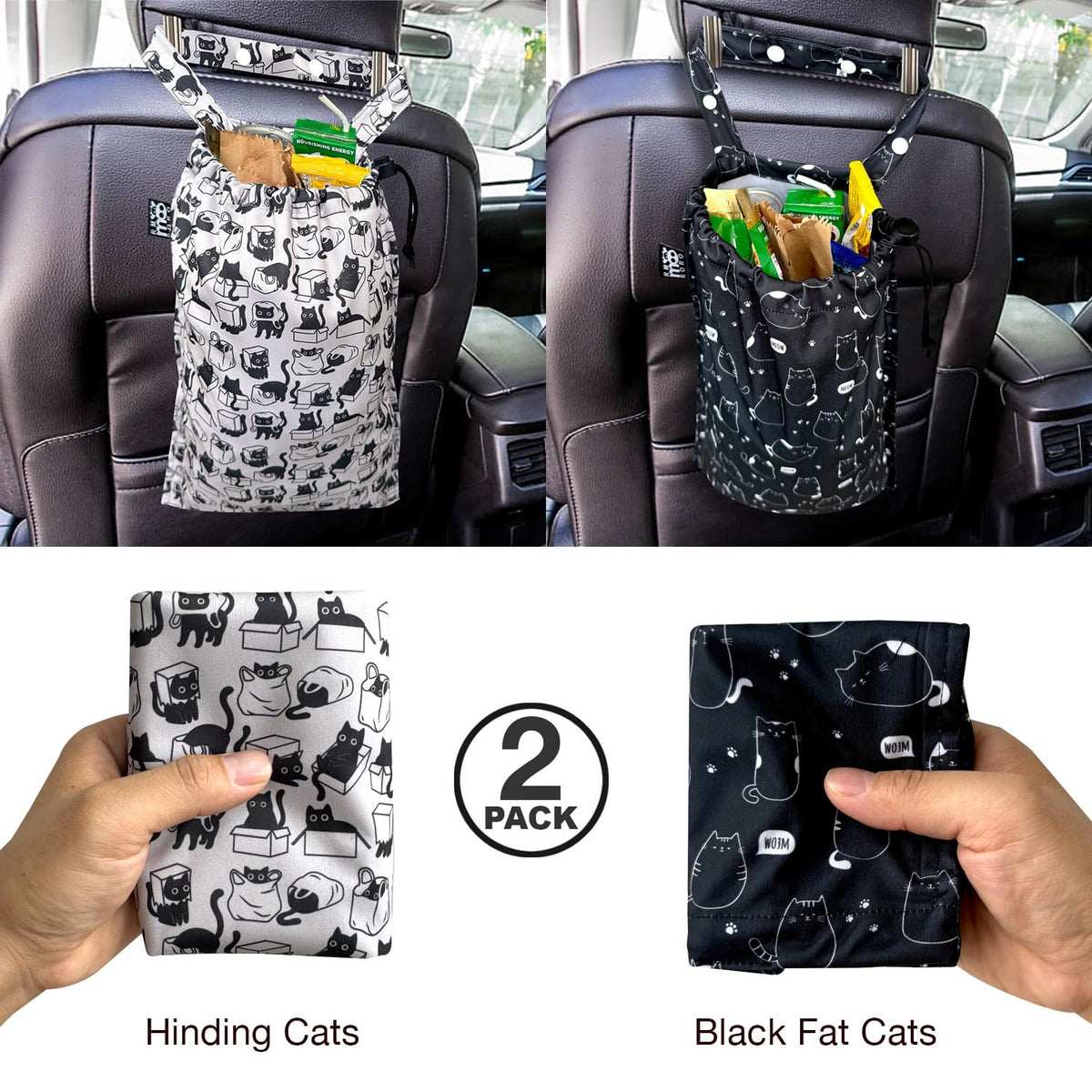 2 Pack Leakproof Car Trash Bags Detachable Waterproof Garbage Bags with Drawstring Hanging Organizer for Back Seat & Travel Cute Cats Design