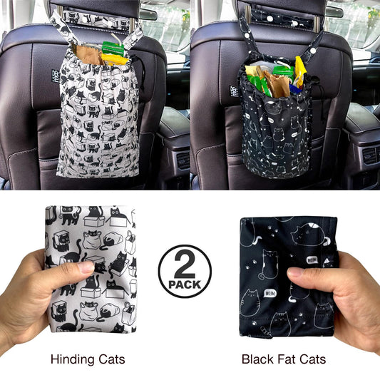 2 Pack Leakproof Car Trash Bags Detachable Waterproof Garbage Bags with Drawstring Hanging Organizer for Back Seat & Travel Cute Cats Design