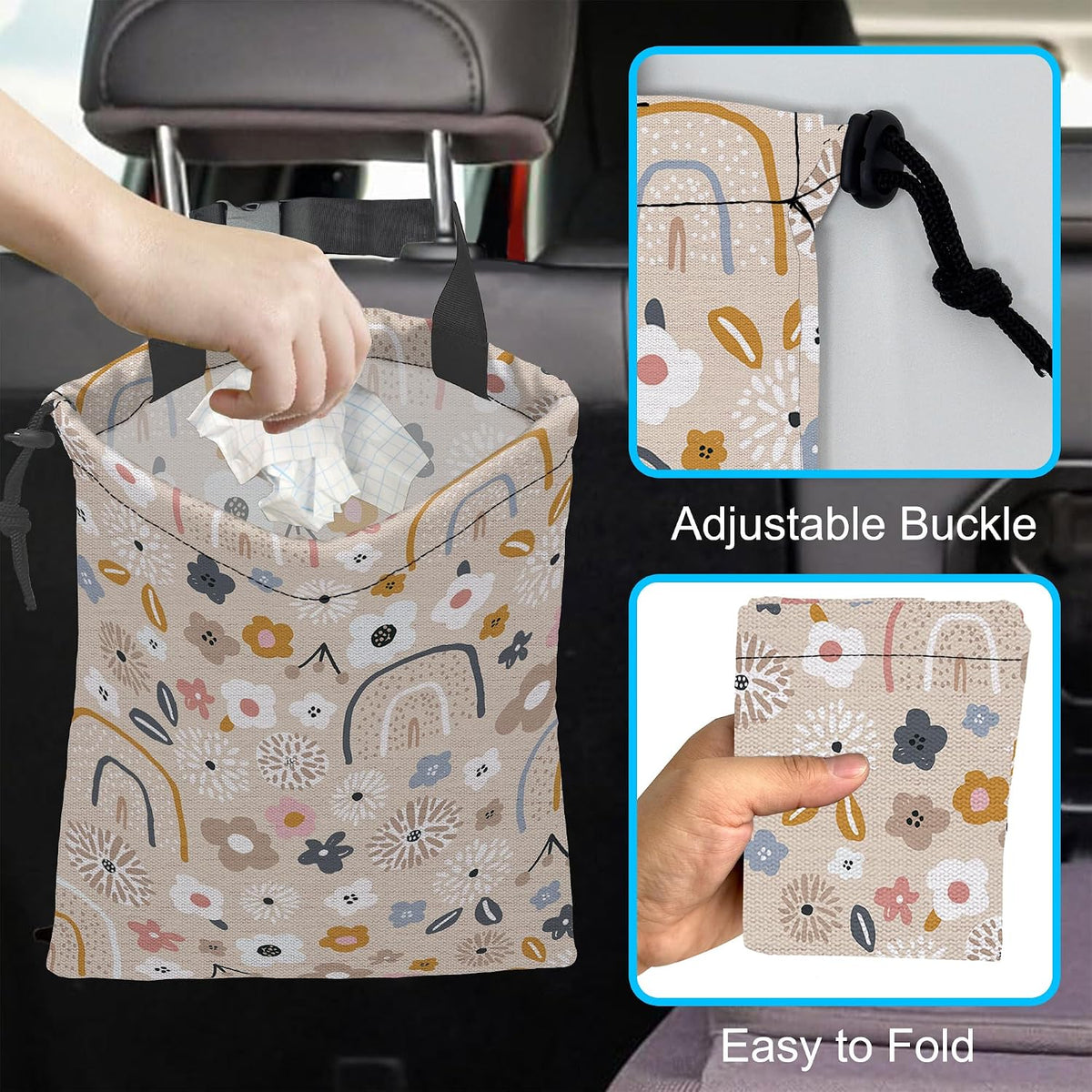 Car Trash Bag Hanging Creative Floral Rainbows Car Trash Can Waterproof Garbage Bag Hanging for Car Back Seat