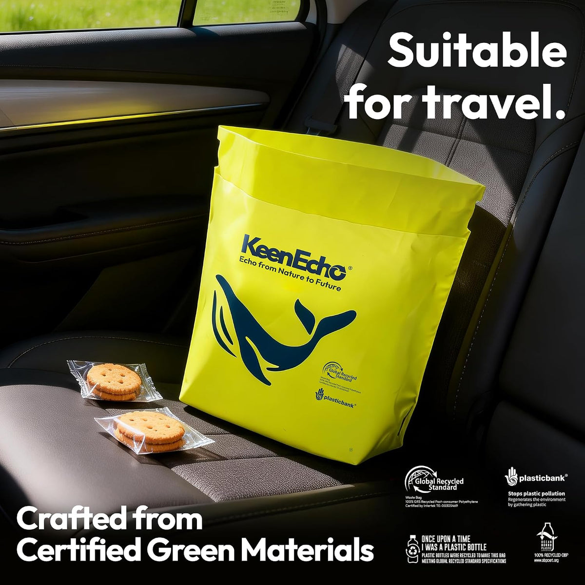 Disposable Car Garbage Bin Bags, 60 pcs, Yellow, Vomit Trash Bags Made with Recycled Ocean Fishing Nets for Boat, Plane, Travel, Camping, Bedroom, Study Room, Office and Car