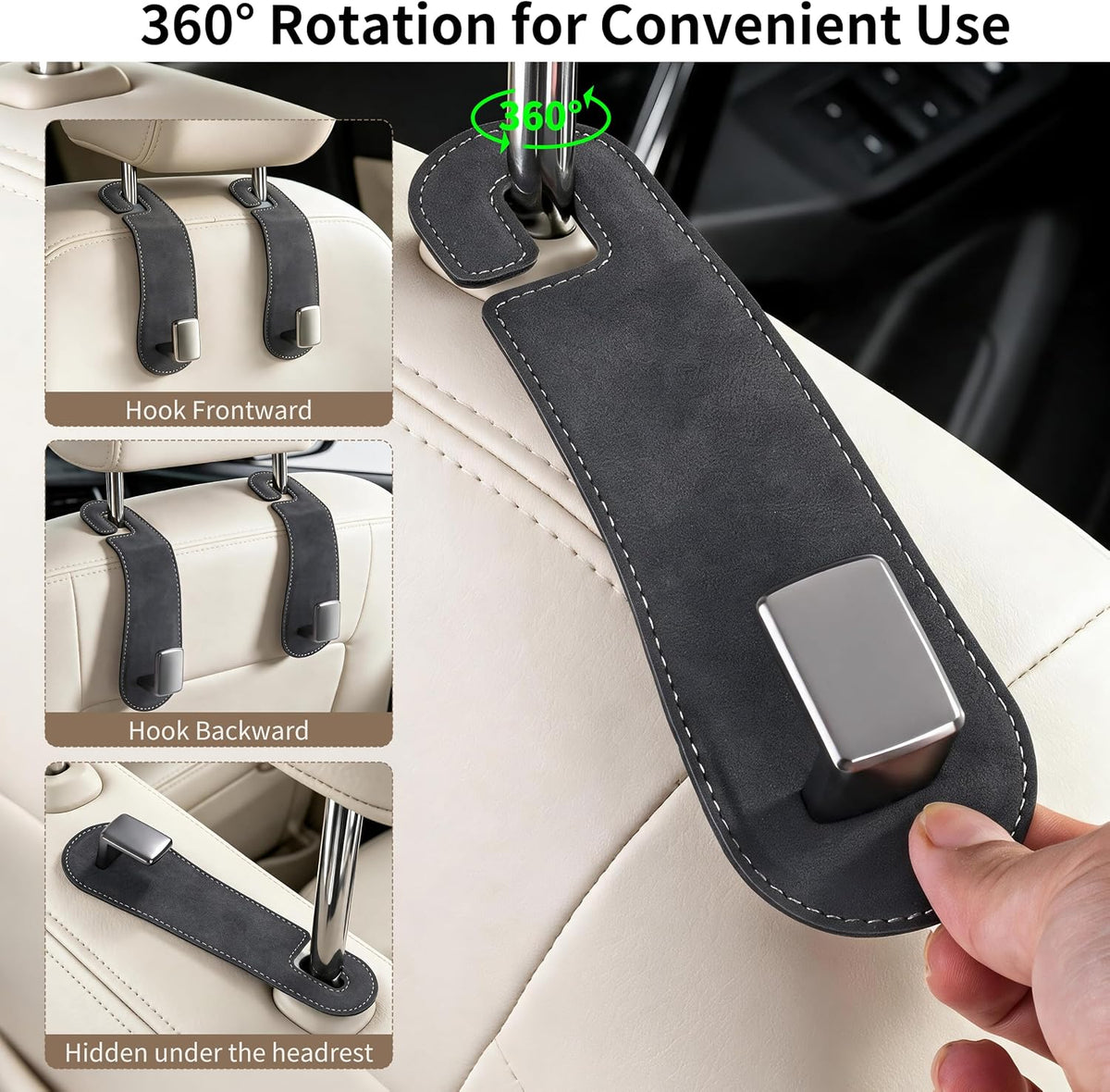 Amooca 2 Pack Car Headrest Hooks, Suede Wrapped Metal Hanger for Bags