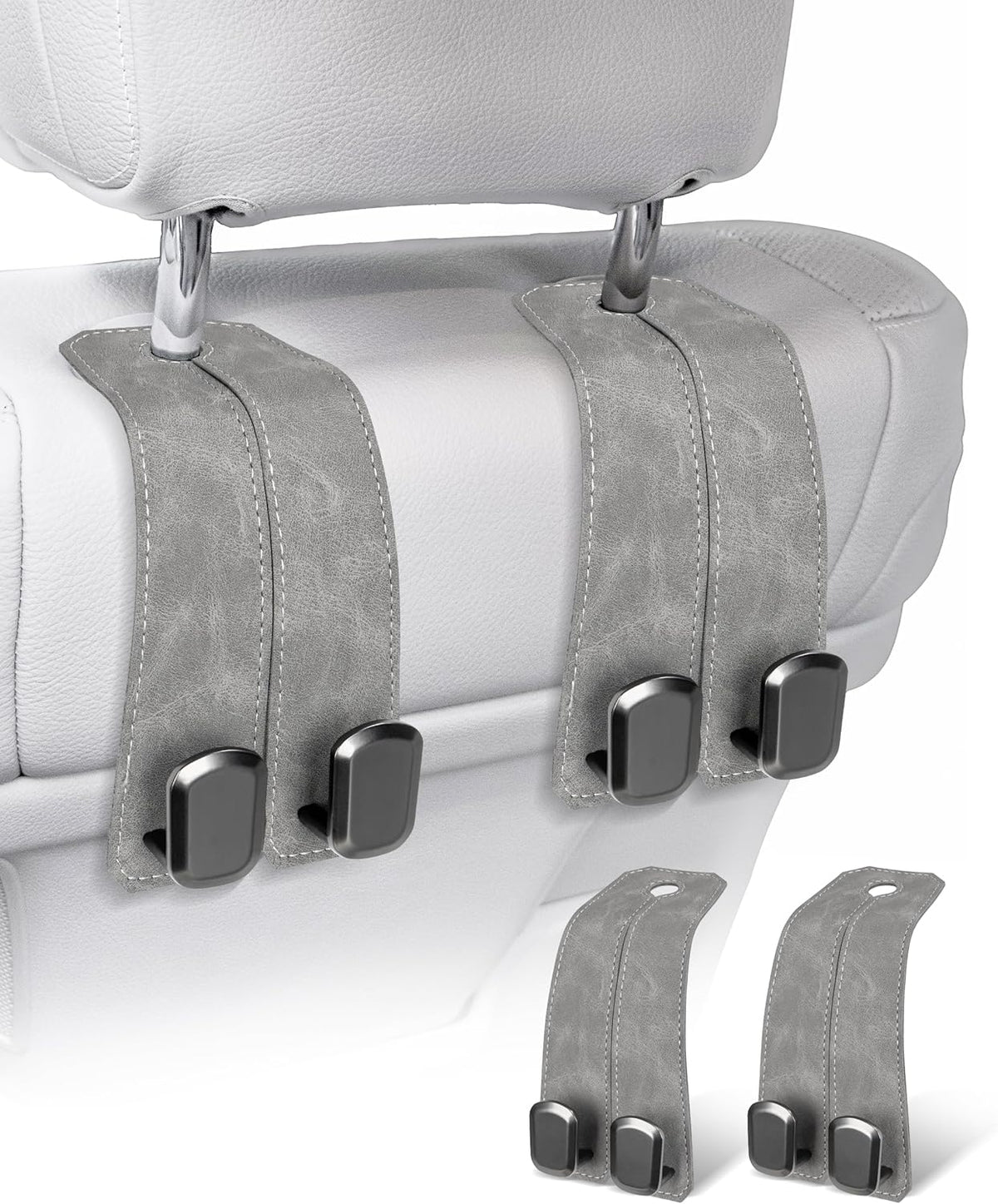 Car Purse Holder Hook, 2PCS Car Hooks for Headrest Luxurious Leather 100% Metal Car Hangers for Seat Multifunctional Car Bag Hook Car Seat Back Storage Hook Accessories (Grey)