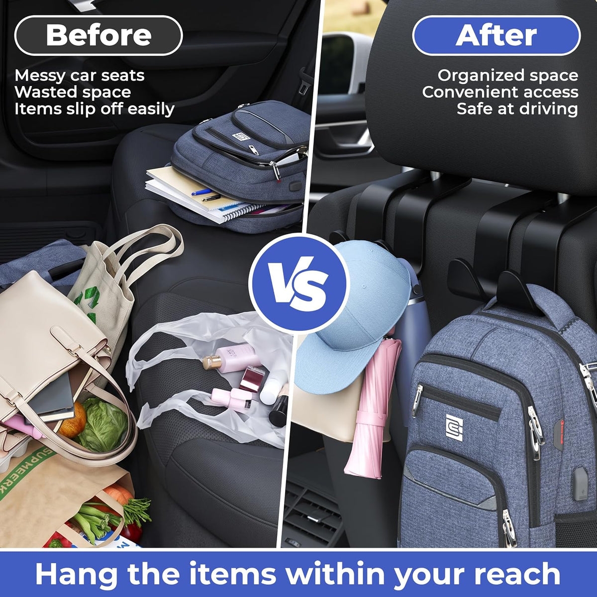 Amooca Car Headrest Hooks Heavy Duty Purse Hanger for Handbags 2 Pack