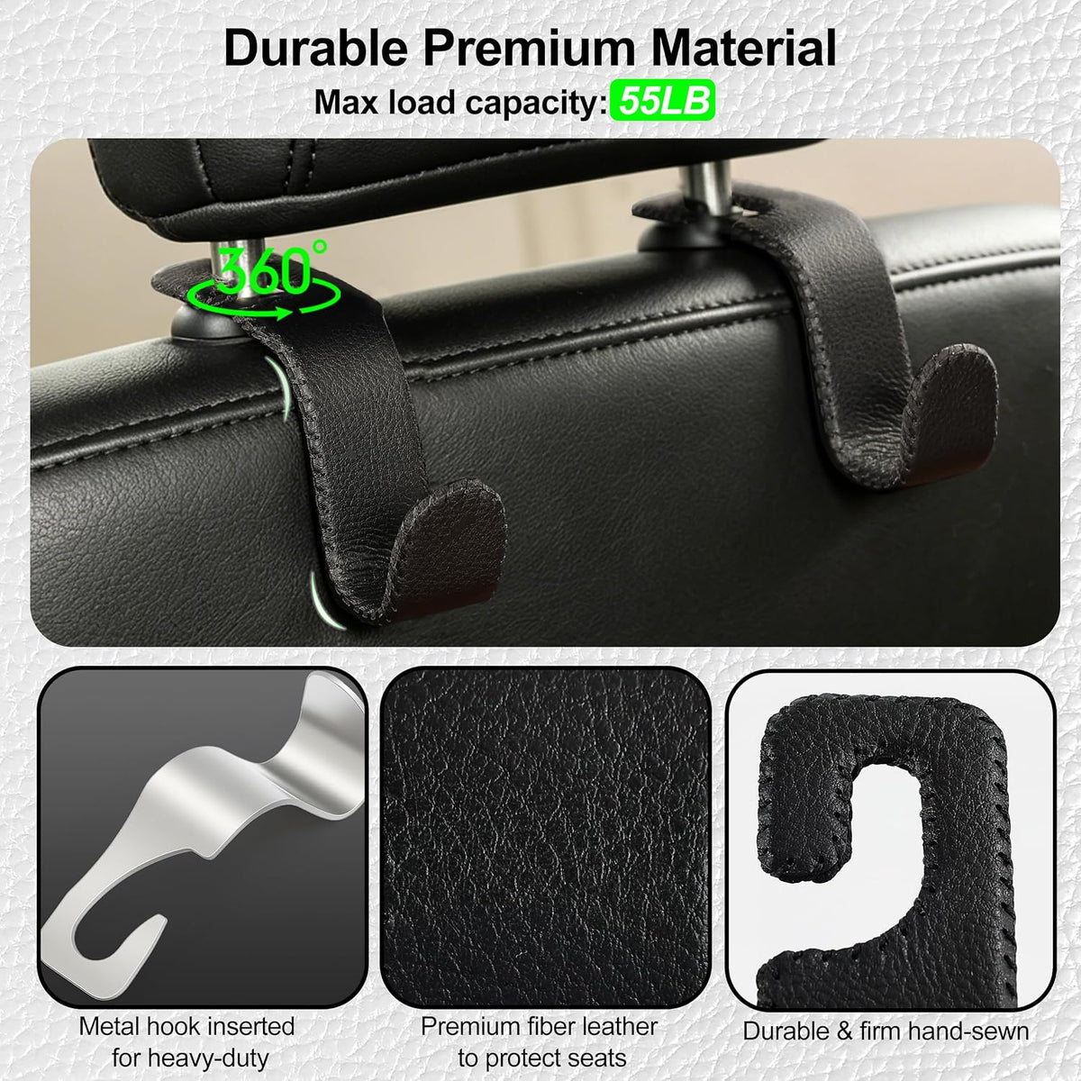 Car Seat Headrest Hook Heavy Duty 55lb Metal Hanger with Leather for Bags
