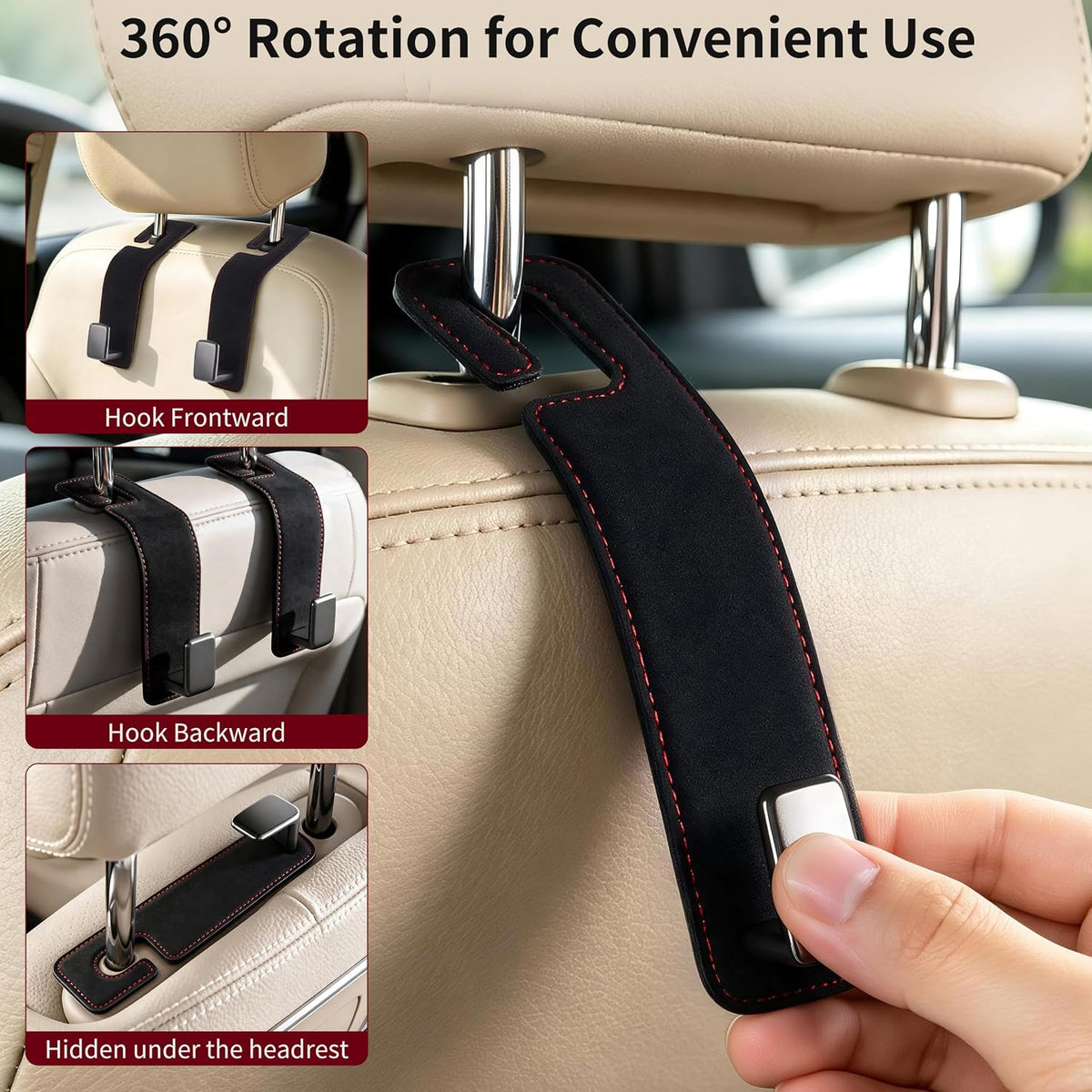 Amooca Suede Car Seat Hook 2 Pack Metal Headrest Hanger for Handbag