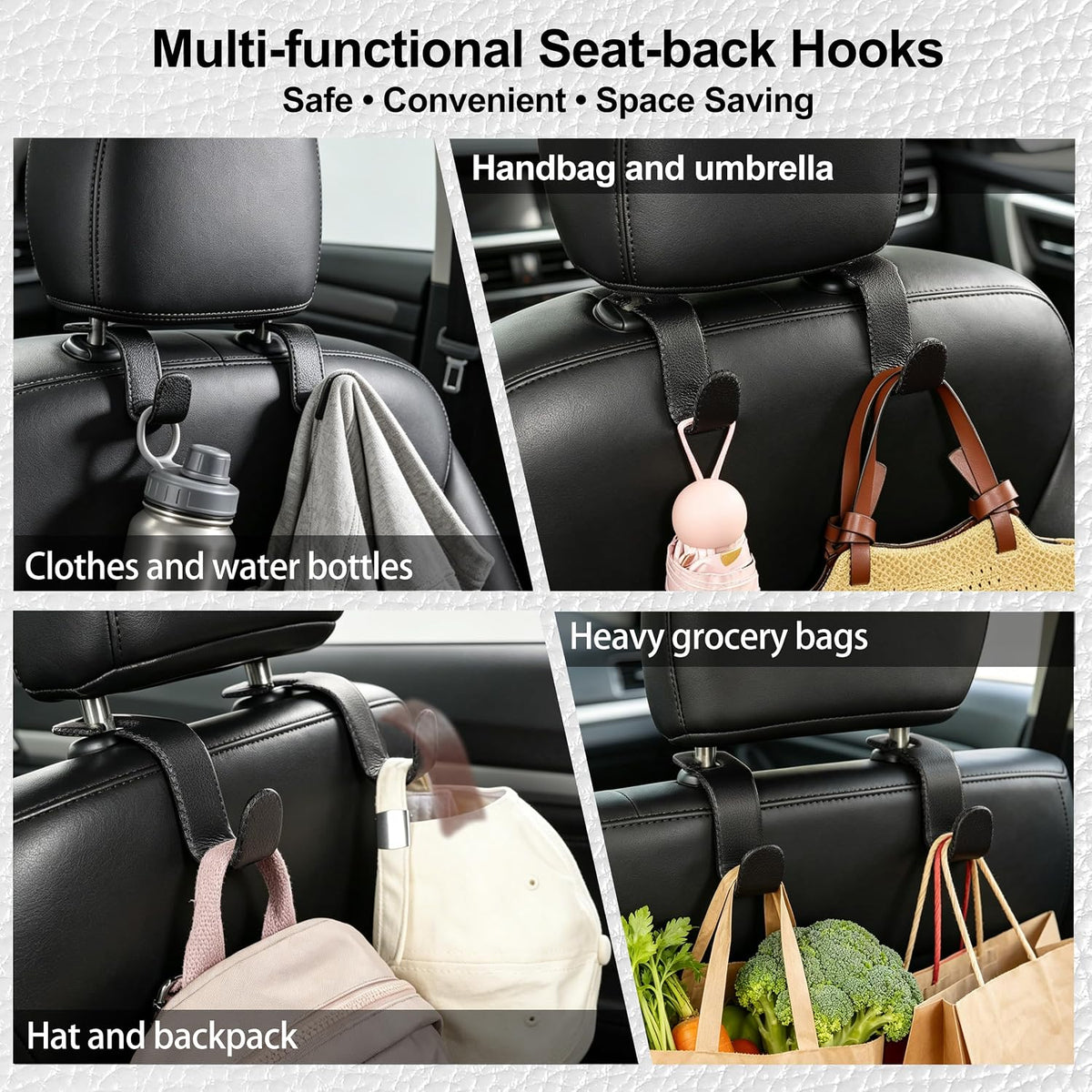 Car Seat Headrest Hook Heavy Duty 55lb Metal Hanger with Leather for Bags