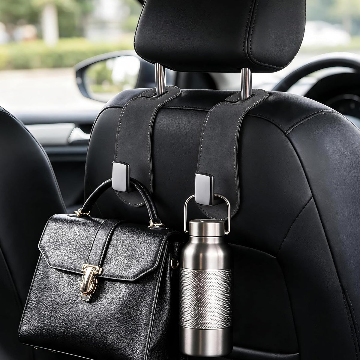 Amooca 2 Pack Car Headrest Hooks, Suede Wrapped Metal Hanger for Bags