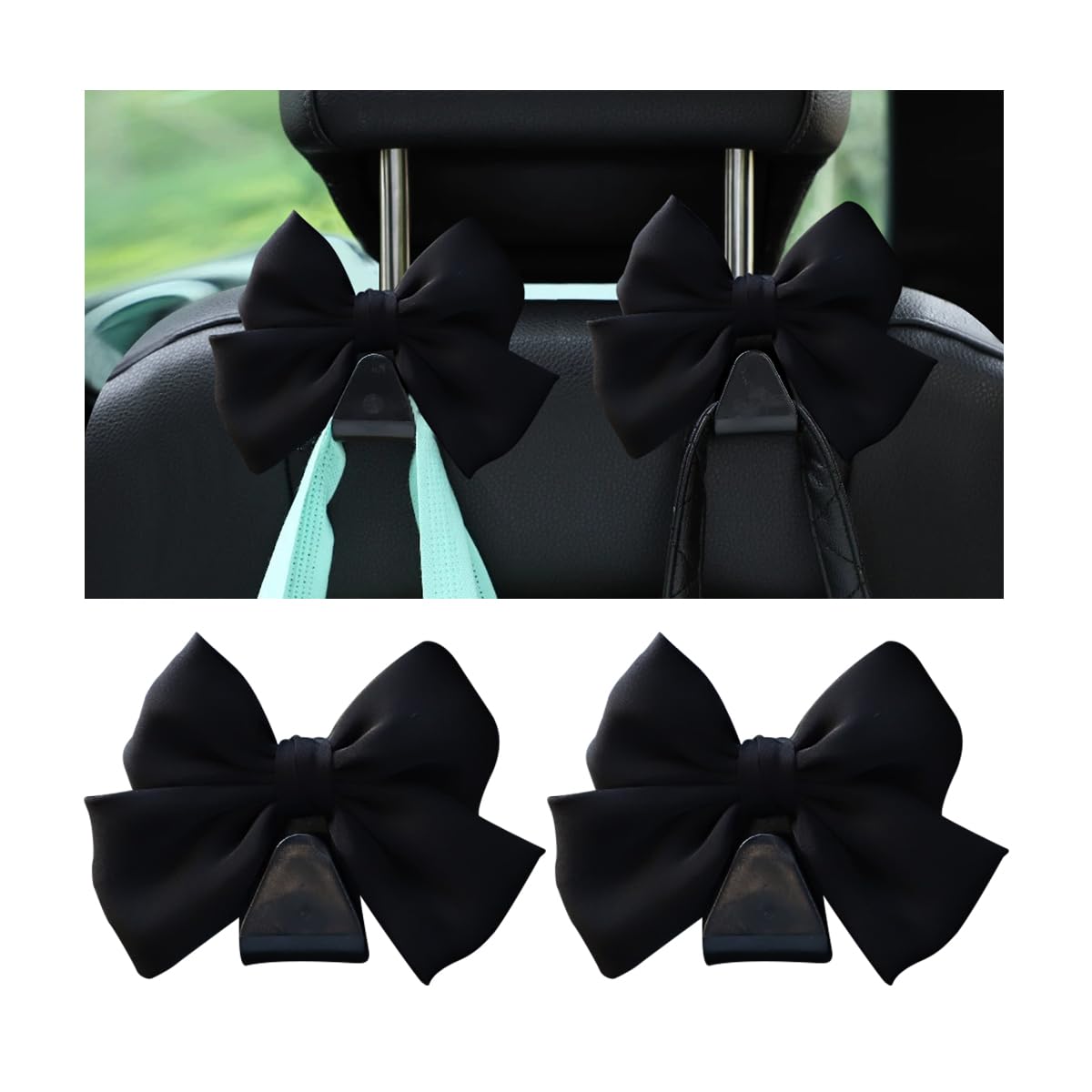 Mandark 2PCS Bow Car Headrest Hooks for Bags, Black Line