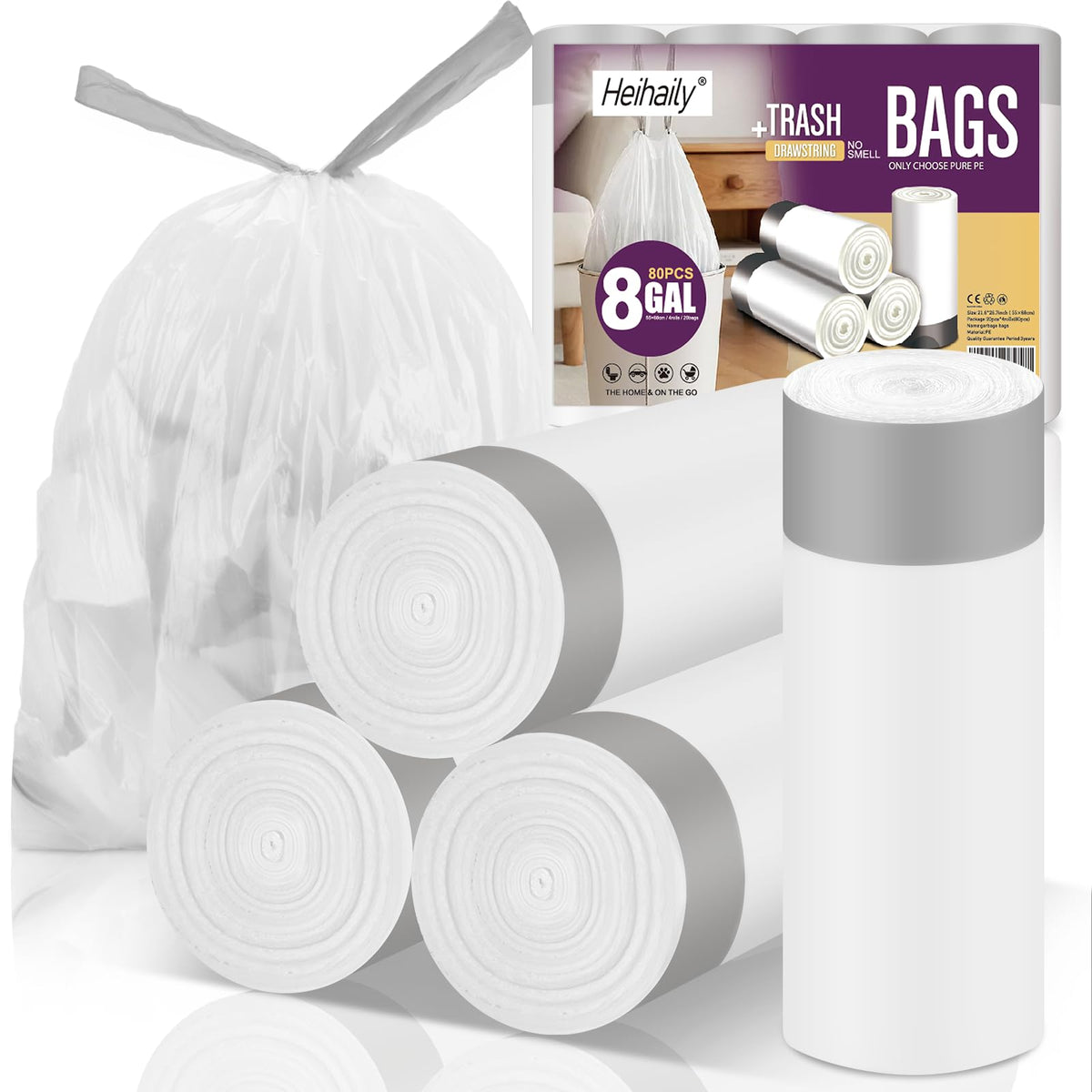 2.6 Gallon Small Trash Bags, Heihaily 60 Count Clear Drawstring Garbage Bags with Leak-Proof Bottom for Bathroom, Office & Bedroom, 16.9 x 17.7 Inch Plastic Waste Bags (≈10 Liter)