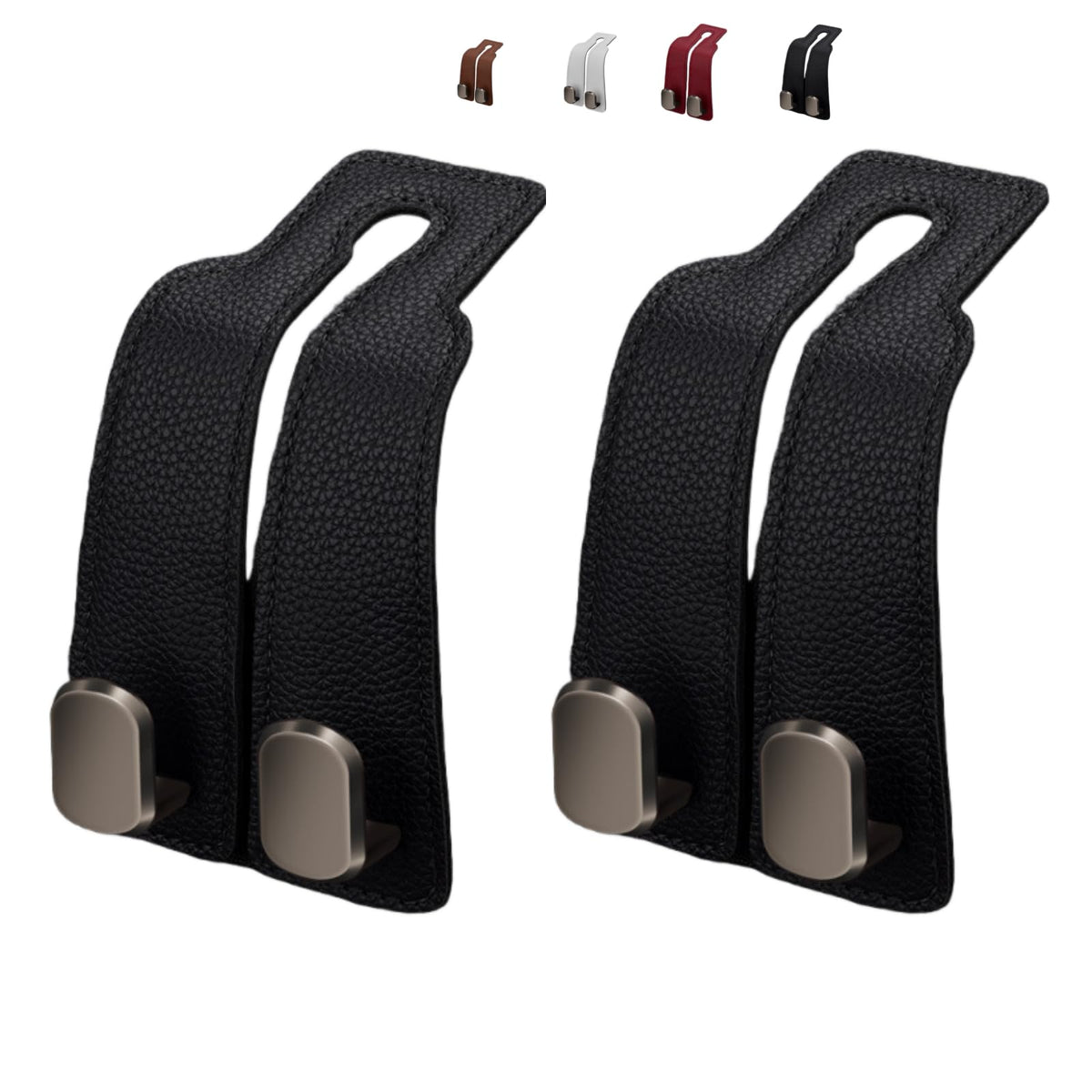 Coozyland Car Hooks, Coozy Land Metal Multi-Function Leather Car Headrest Hooks, Universal Double Hook Car Seat Back Storage Hooks for Wallets, Handbags, Bottles, Trash Bags, etc(Black 4-Pack)