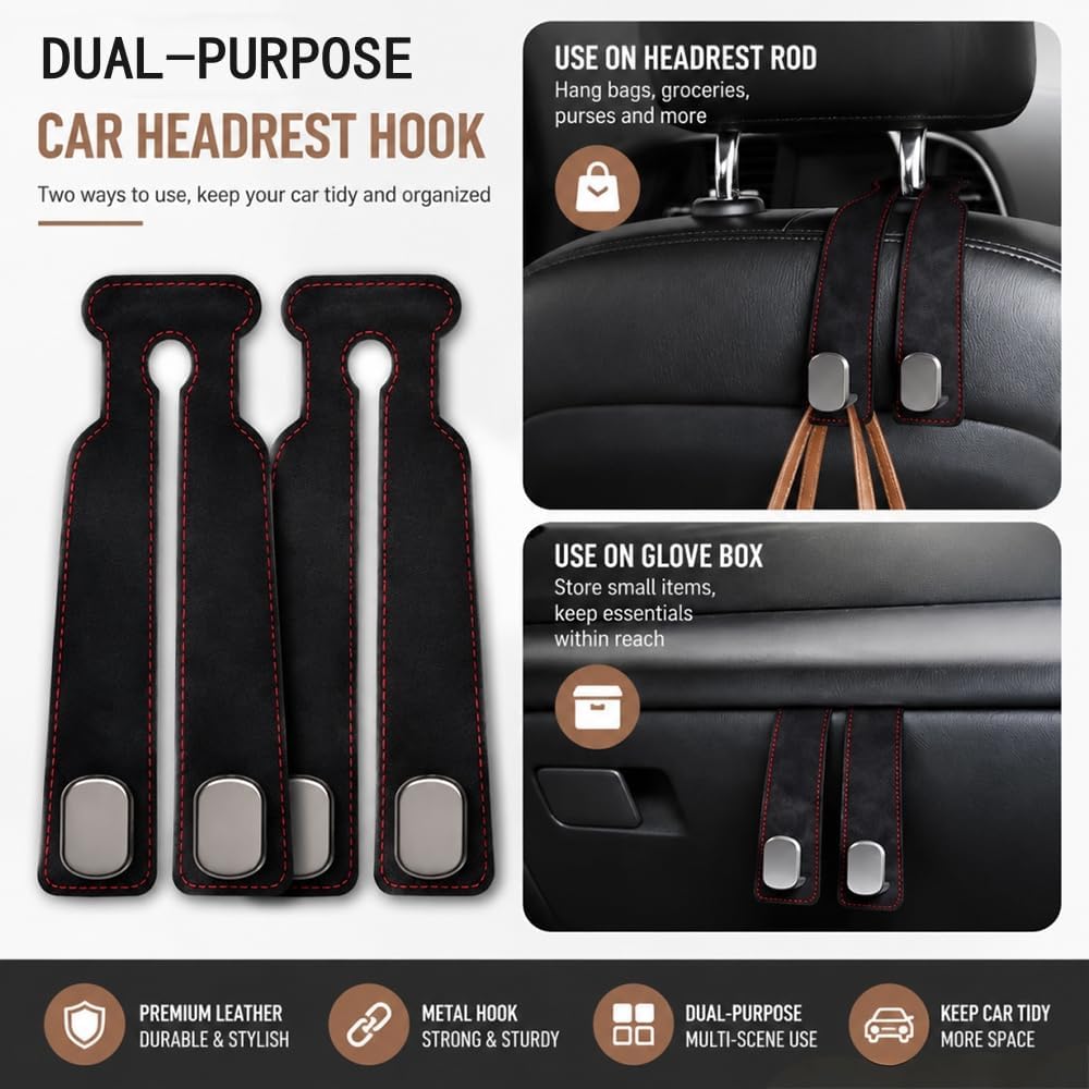 2-Pack Car Hanging Hooks for Headrest & Glove Box, Black