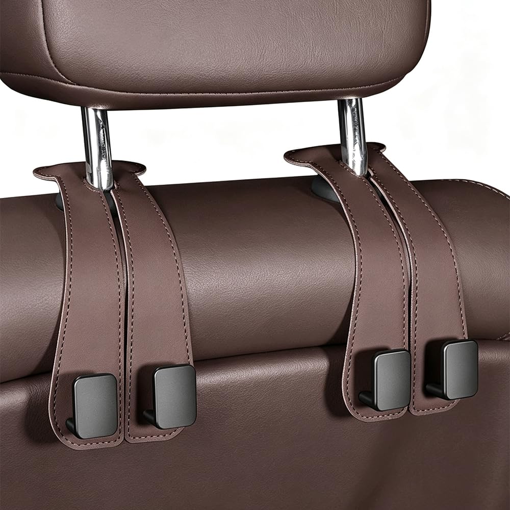 Car Seat Headrest Hooks for Purses and Bags, Double Hook Leather Car Headrest Bag Holder, 90° Rotatable Back Seat Organizer Hook for Sedans, SUVs, Trucks & Vans (Black)
