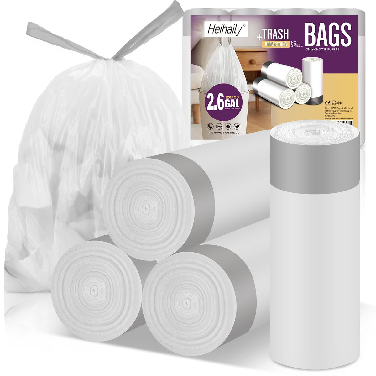 2.6 Gallon Small Trash Bags, Heihaily 60 Count Clear Drawstring Garbage Bags with Leak-Proof Bottom for Bathroom, Office & Bedroom, 16.9 x 17.7 Inch Plastic Waste Bags (≈10 Liter)