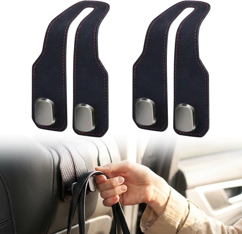 Car Headrest Hooks 2 Pack, Double Hook Seat Organizer for Purses Bags，Black