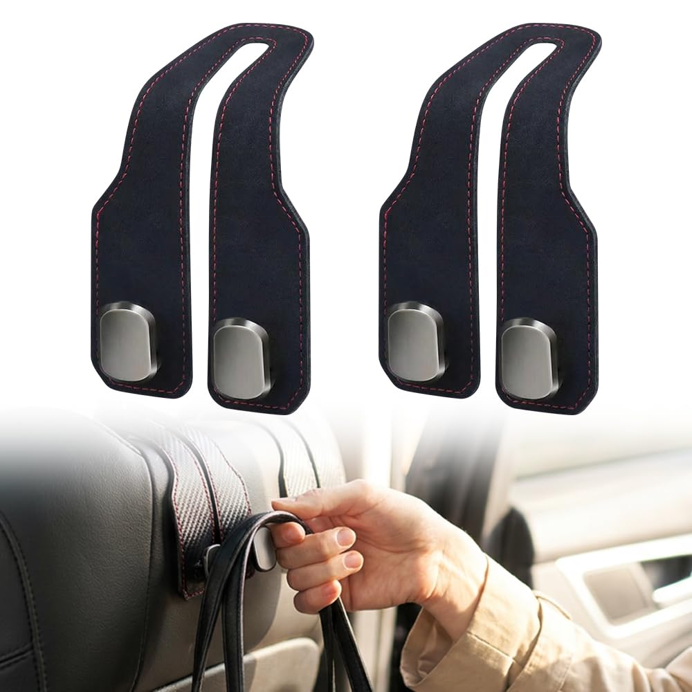 Car Headrest Hooks 2 Pack, Double Hook Seat Organizer for Purses Bags，Black
