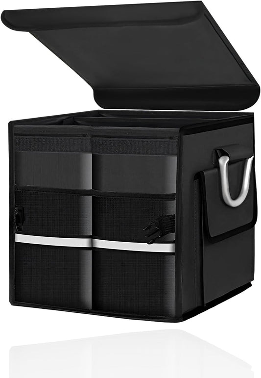 Car Trunk Organizer with Lid, 28L Collapsible Oxford Auto Storage Organizer with Reflective Strip & Handle, Multi-Purpose 2-Compartment Cargo Container for Cars SUVs Trucks (Black)
