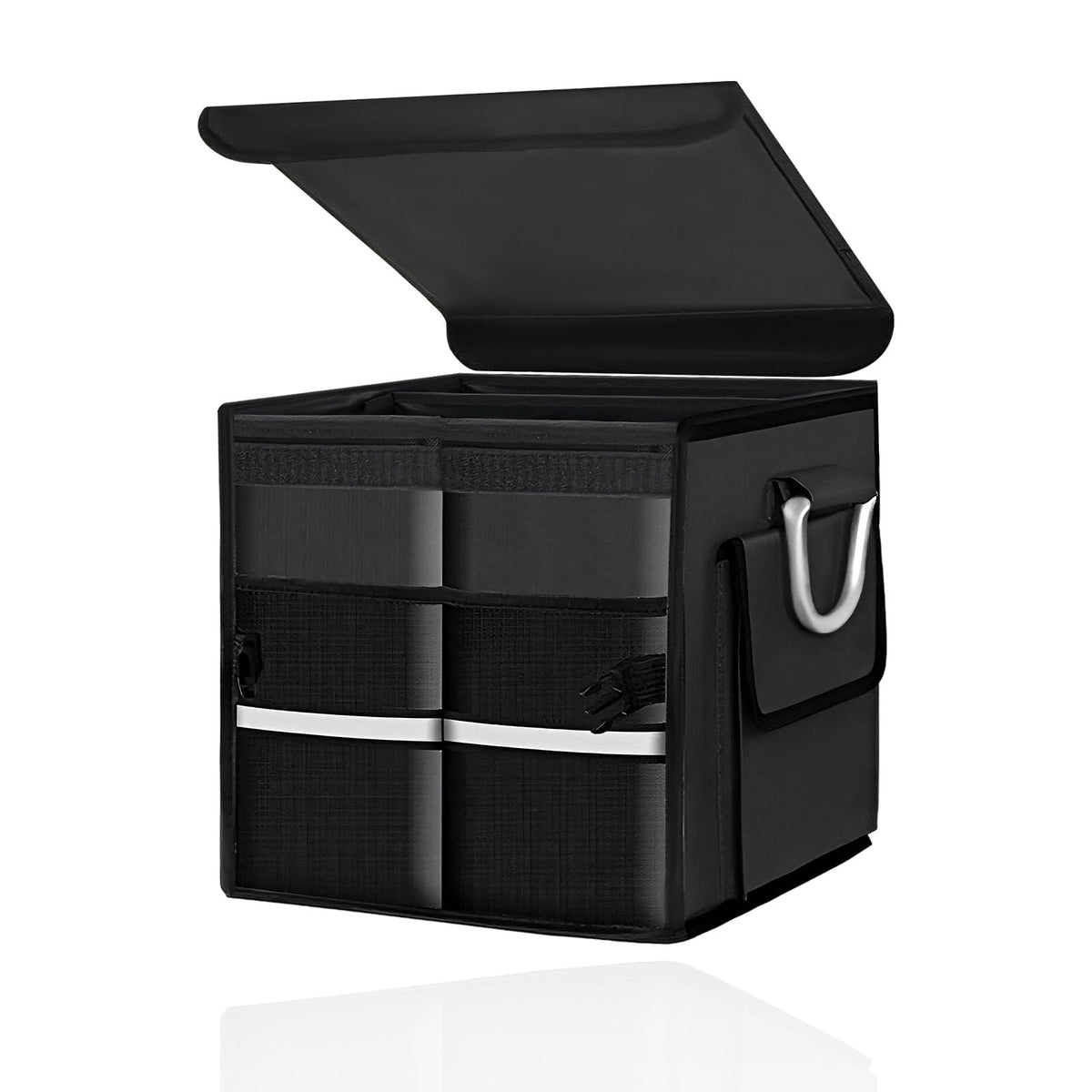 Car Trunk Organizer with Lid, 28L Collapsible Oxford Auto Storage Organizer with Reflective Strip & Handle, Multi-Purpose 2-Compartment Cargo Container for Cars SUVs Trucks (Black)