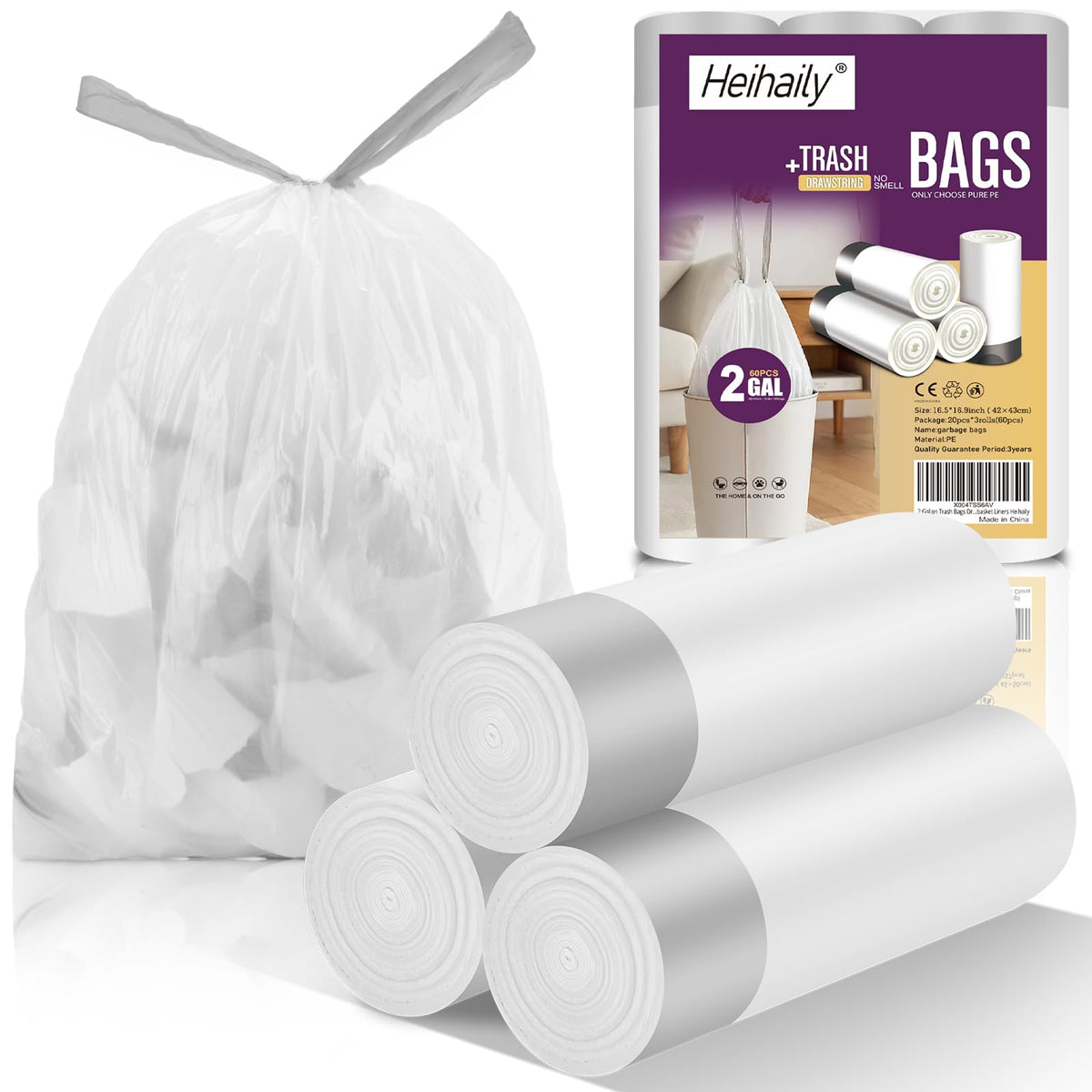 2.6 Gallon Small Trash Bags, Heihaily 60 Count Clear Drawstring Garbage Bags with Leak-Proof Bottom for Bathroom, Office & Bedroom, 16.9 x 17.7 Inch Plastic Waste Bags (≈10 Liter)