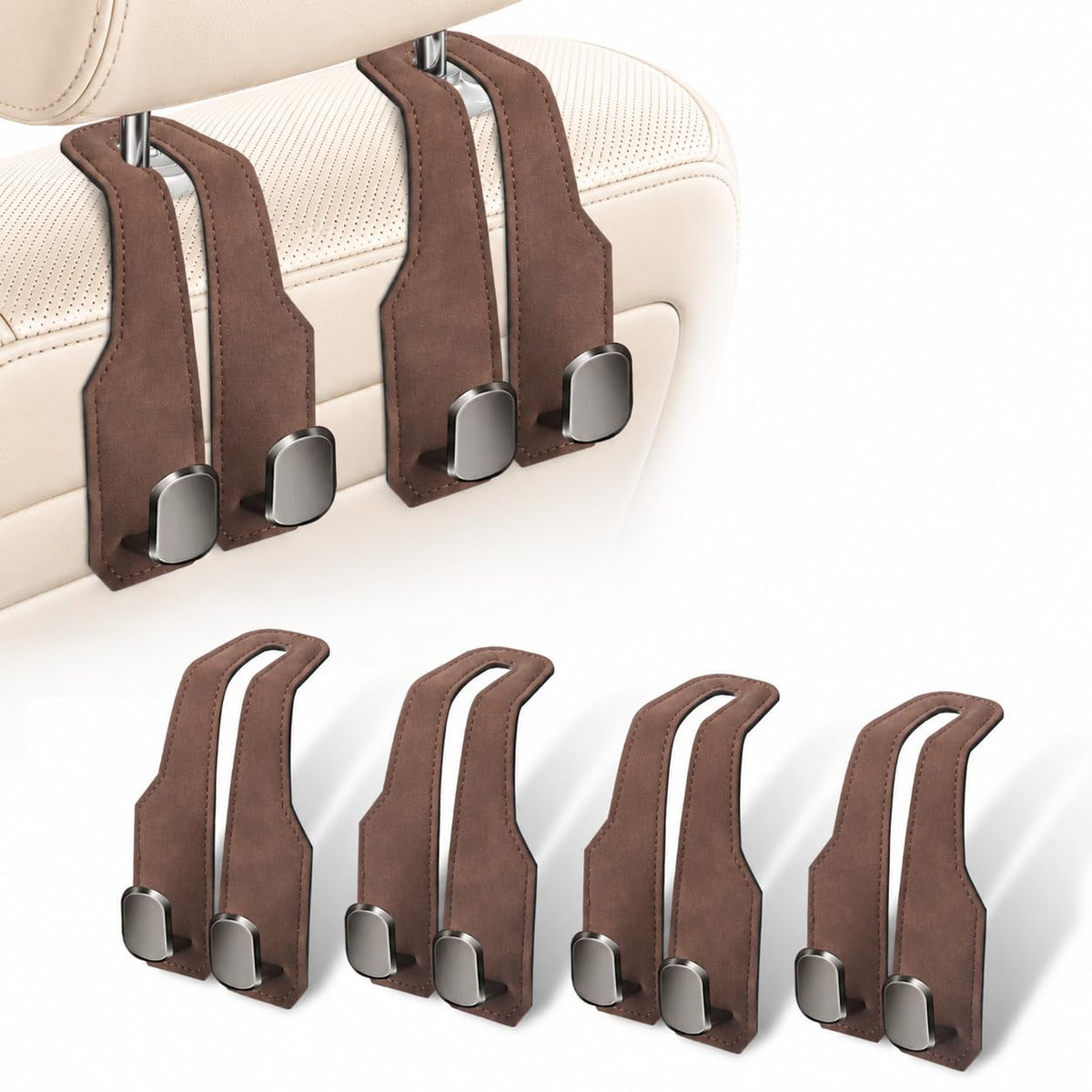 2 Pack Car Headrest Hooks, Dual Metal Hooks, Stylish Brown