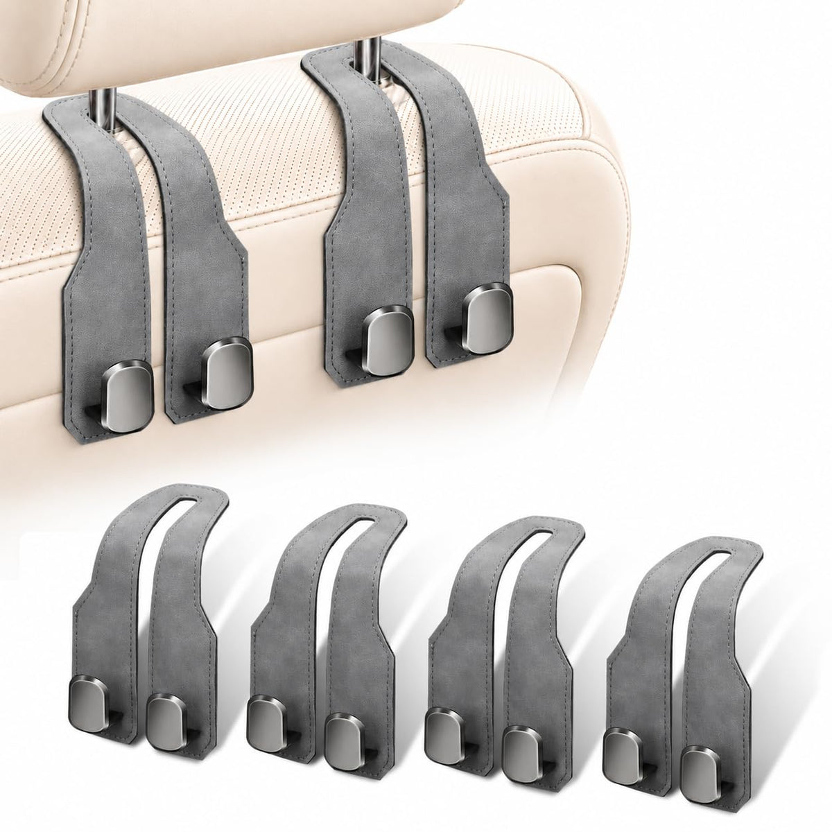 2 Pack Car Headrest Hooks, Dual Metal Hooks, Stylish Brown