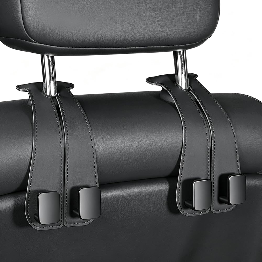 Car Seat Headrest Hooks for Purses and Bags, Double Hook Leather Car Headrest Bag Holder, 90° Rotatable Back Seat Organizer Hook for Sedans, SUVs, Trucks & Vans (Black)