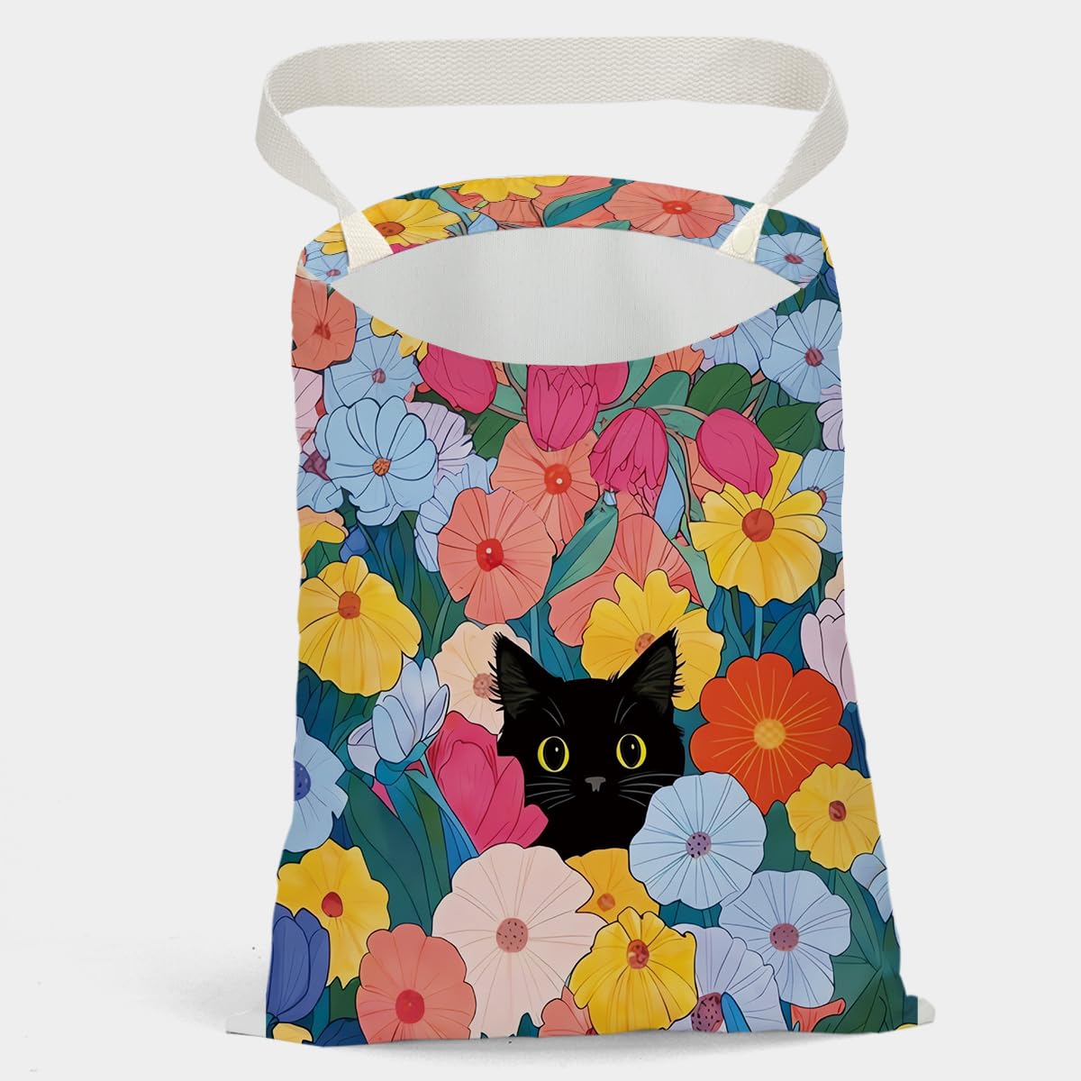 Car Trash Bag, Car Trash Bag Hanging, Country Style Design Hanging Drawstring Adjustable Buckle, Trash Can for Cars SUV, Floral Cute Black Cat Decor 12 x 10 inches