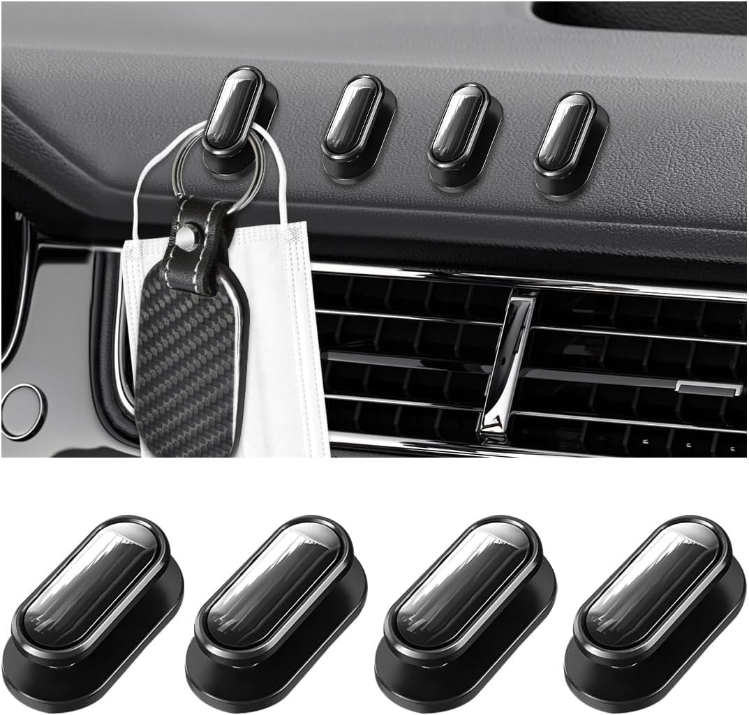 Dickno 4 PCS Car Mini Hook, Multifunctional Auto Adhesive Backseat Hangers on Dashboard, Universal Hook Stickers for Key, Mask, Earphone, Charging Cable, Vehicle Interior Accessories (Glossy)