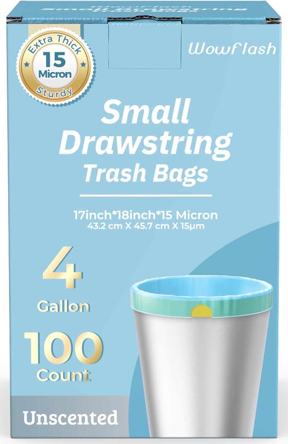 100 Count 15 Micron Extra Thick 4 Gallon Drawstring Small Trash Bags