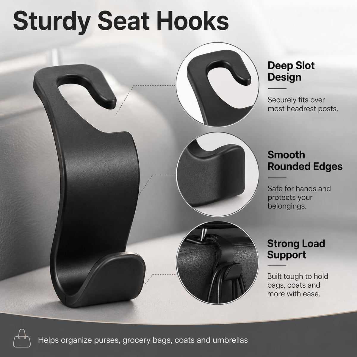 4pcs Car Seat Headrest Hooks, Universal Back Seat Storage Hooks for Purses Grocery Bags Coats Umbrellas, Vehicle Organizer Accessories